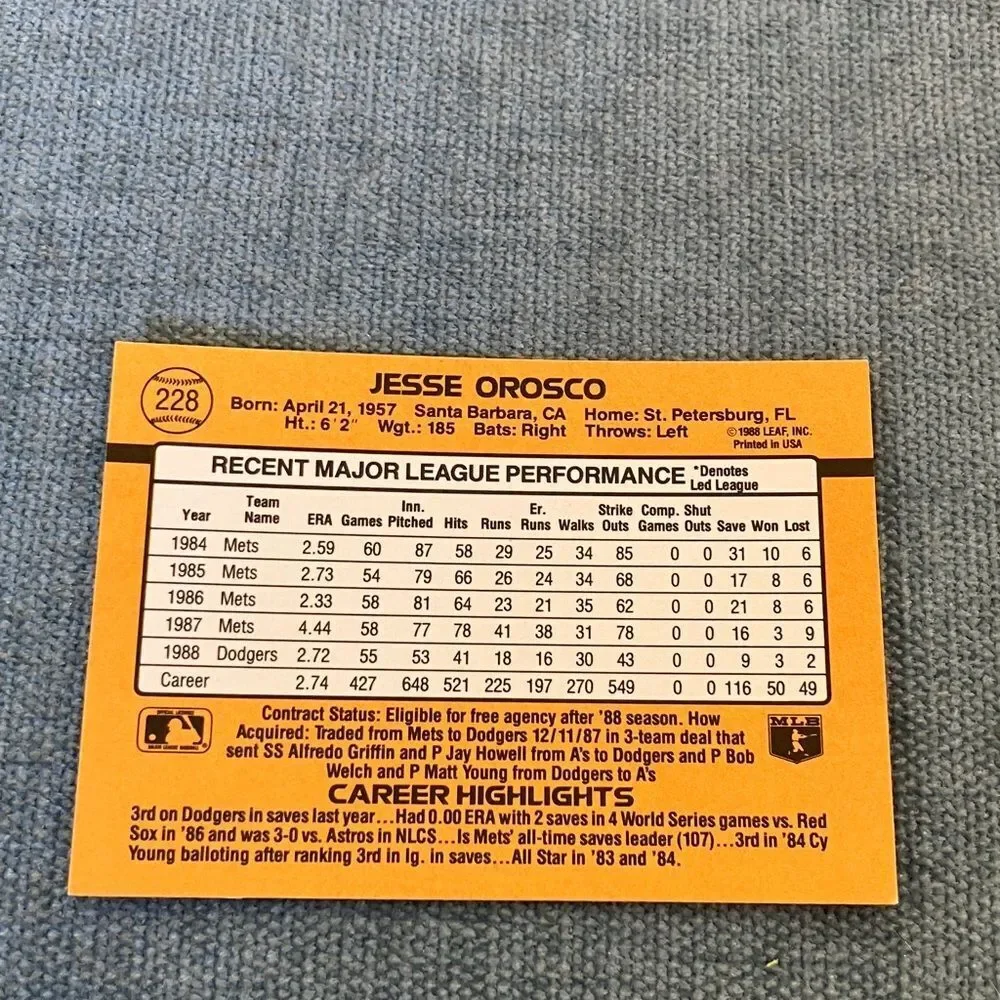 1989 Donruss Los Angeles Dodgers Baseball Card Trading Card